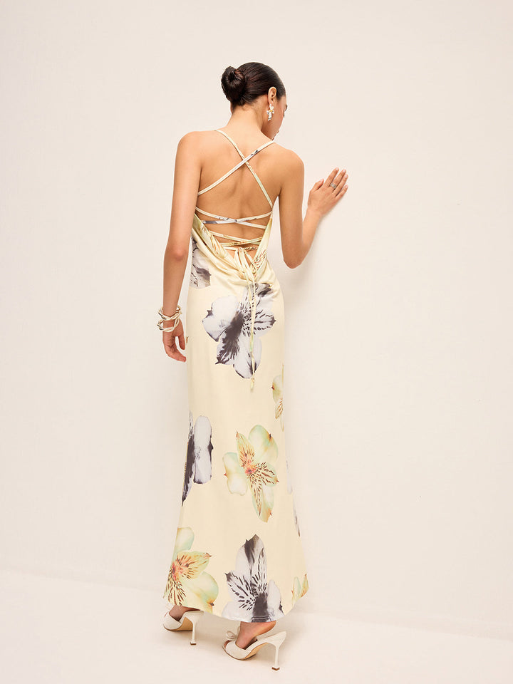 Backless Lace-Up Floral Dress