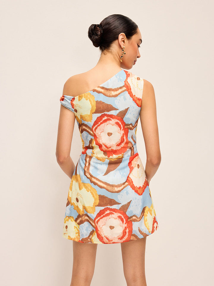 Asymmetric Neck Belted Print Dress