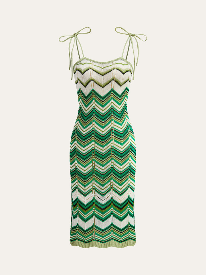 Chevron-Patterned Tie-Strap Knit Midi Dress