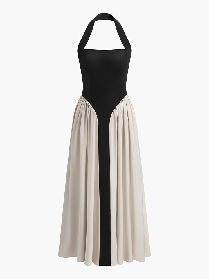 Color Block Halter Neck Linen Blend Dress