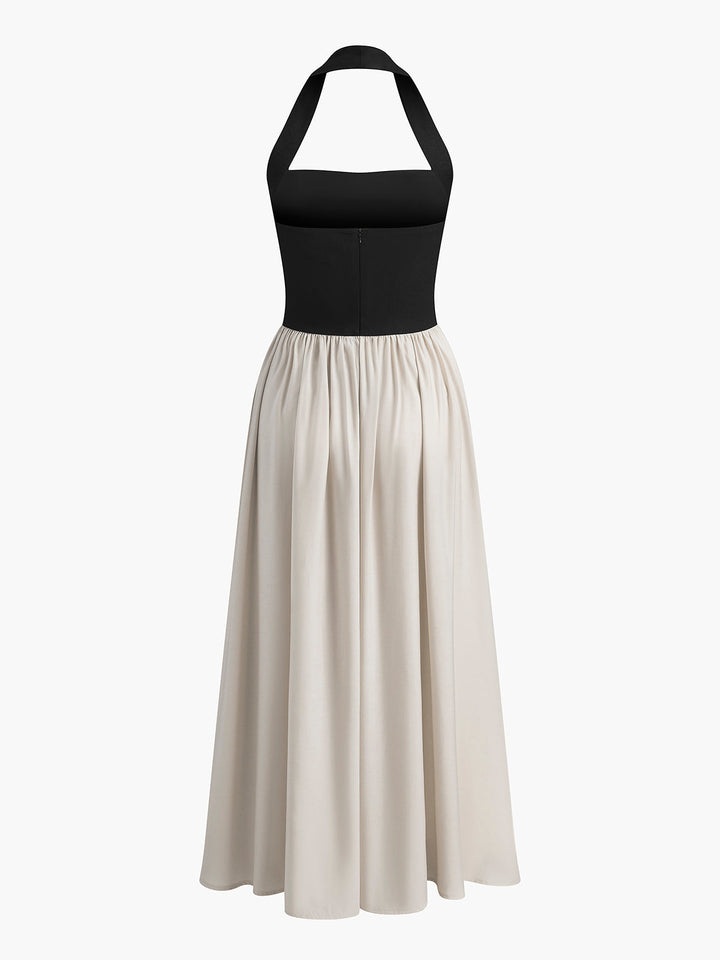 Color Block Halter Neck Linen Blend Dress