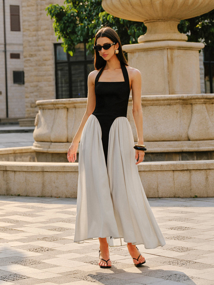 Color Block Halter Neck Linen Blend Dress