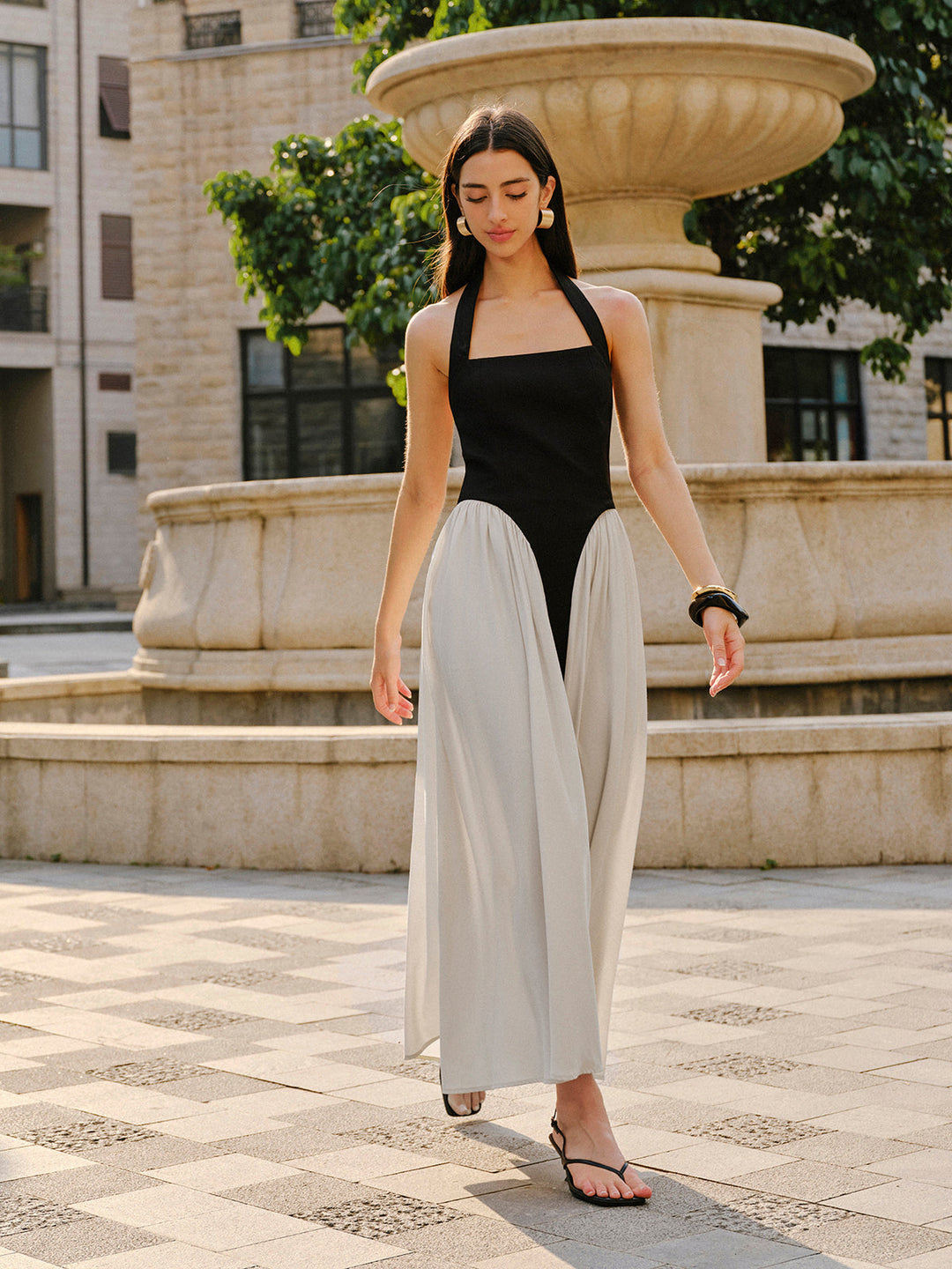 Color Block Halter Neck Linen Blend Dress