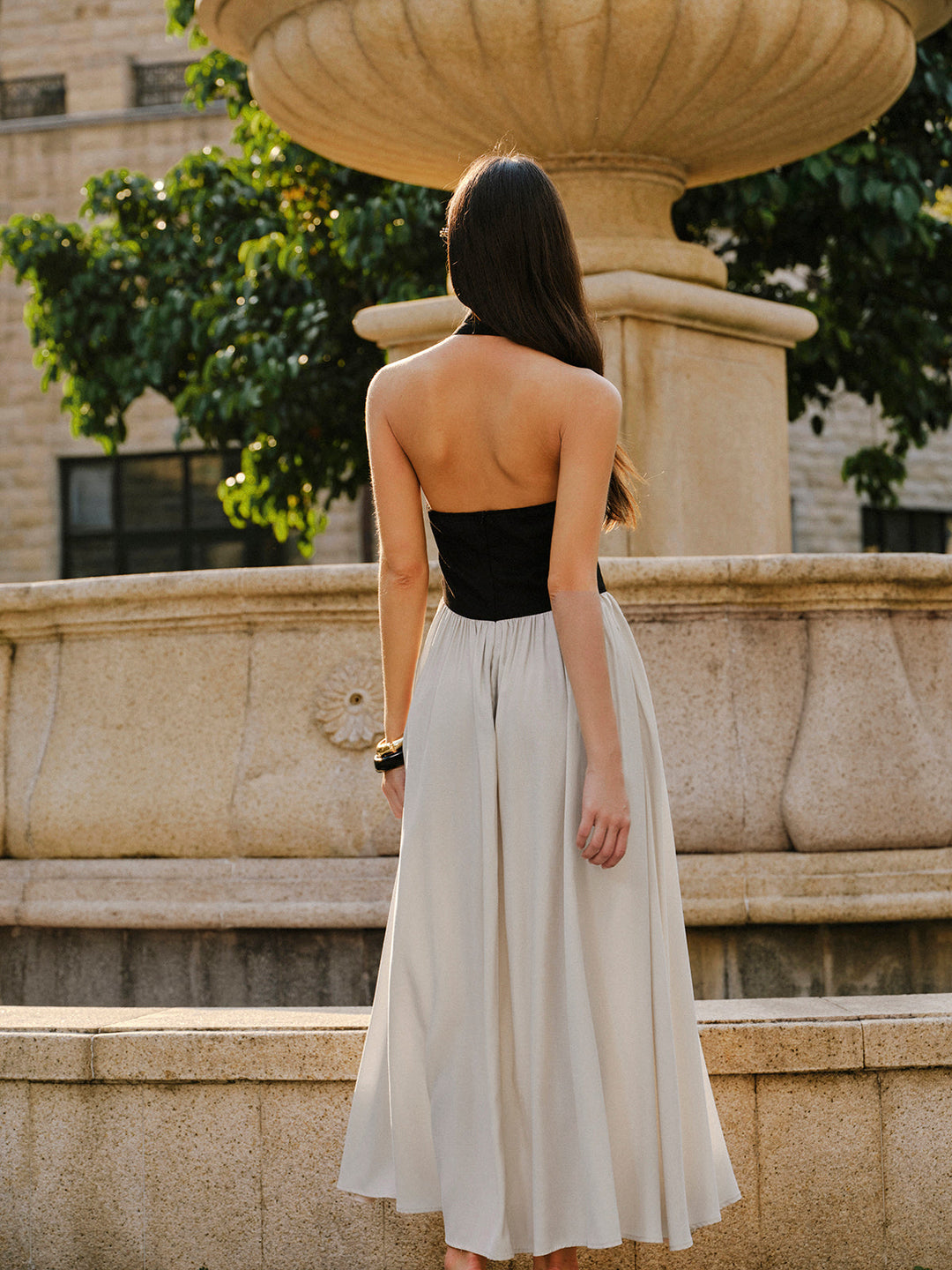Color Block Halter Neck Linen Blend Dress