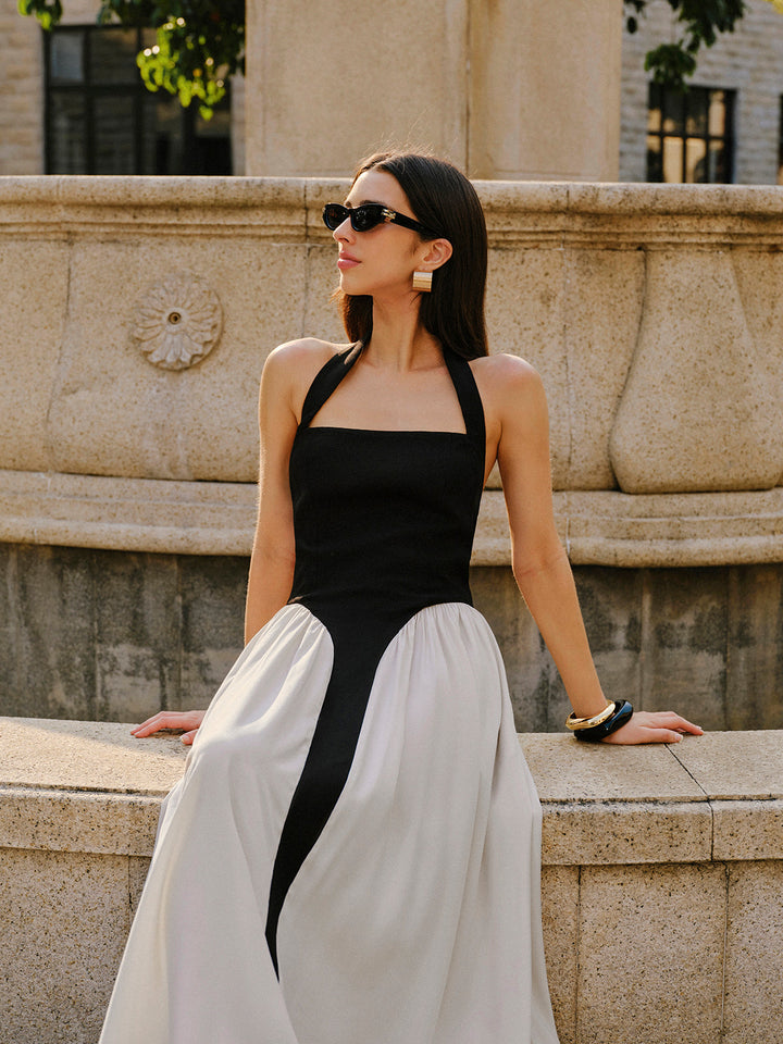 Color Block Halter Neck Linen Blend Dress