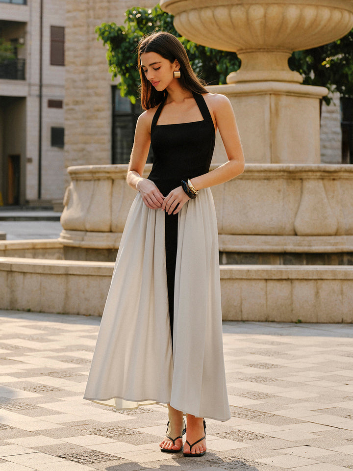 Color Block Halter Neck Linen Blend Dress