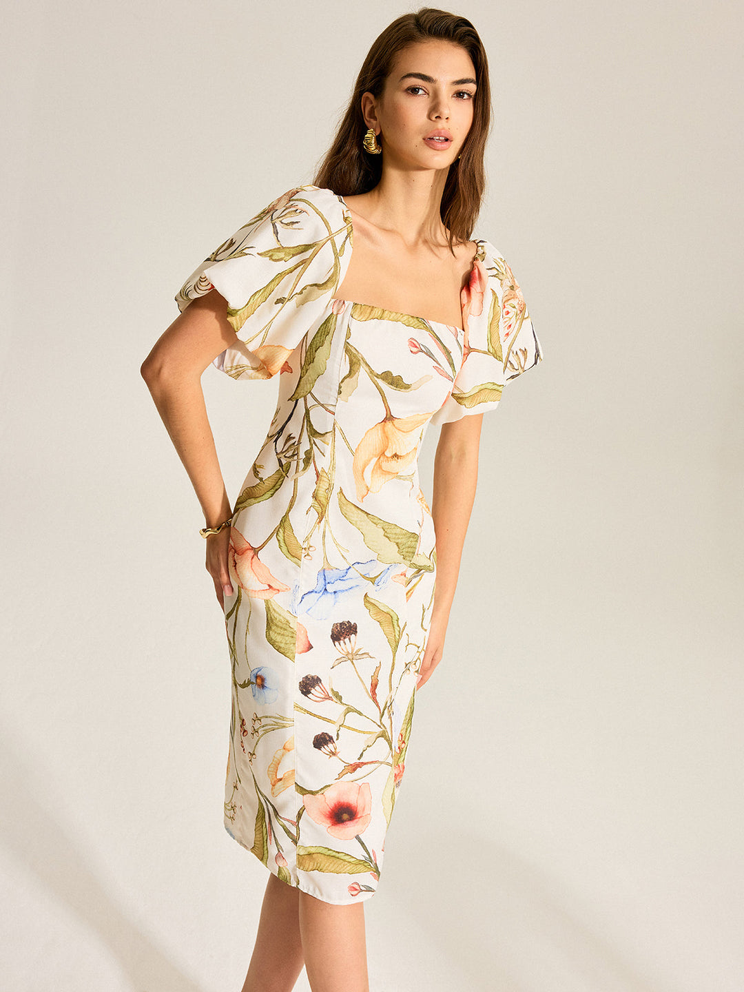 Floral Puff Sleeve Backless Dress