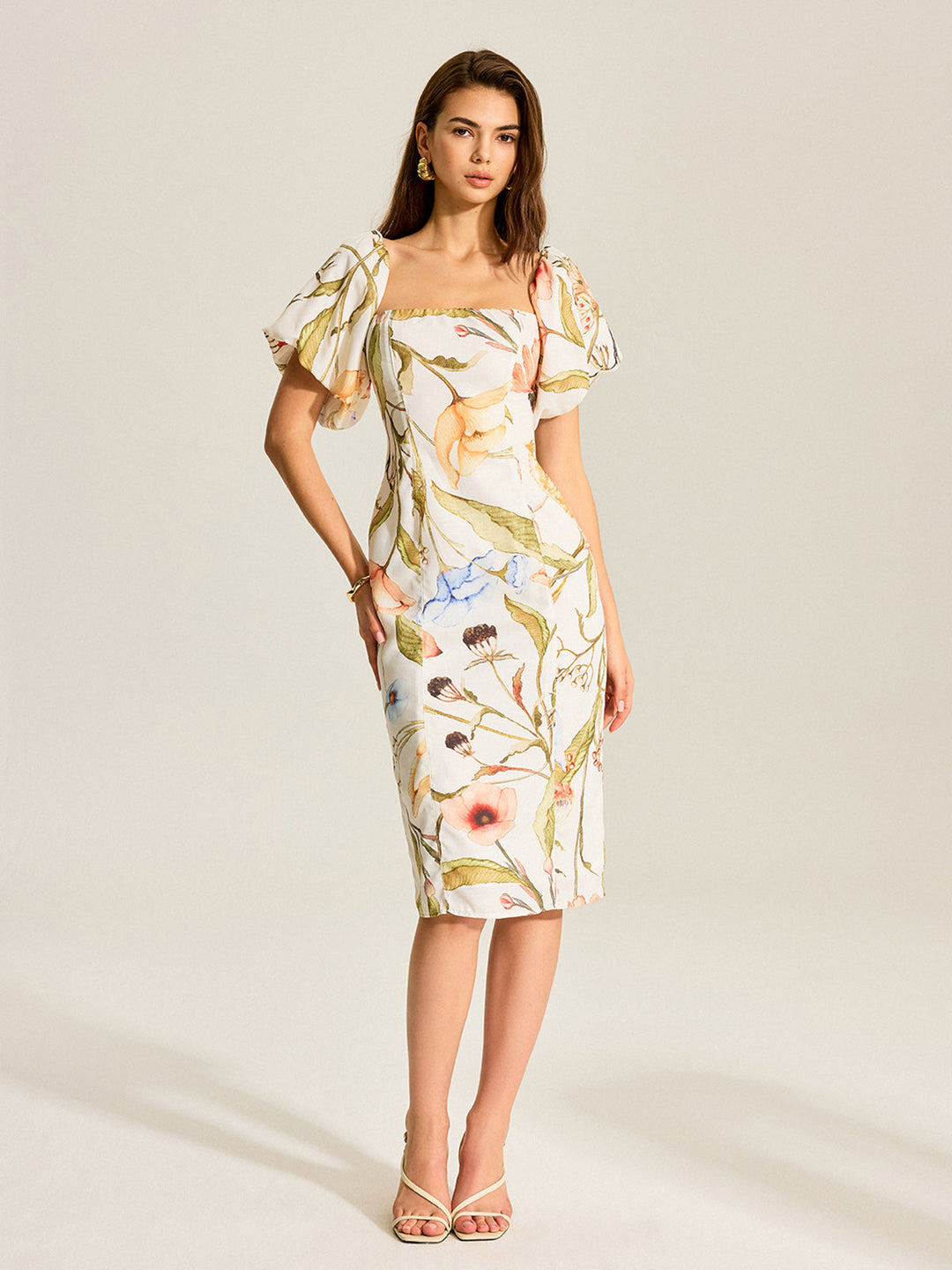 Floral Puff Sleeve Backless Dress