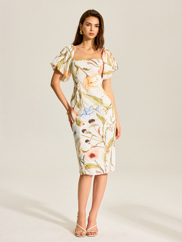 Floral Puff Sleeve Backless Dress