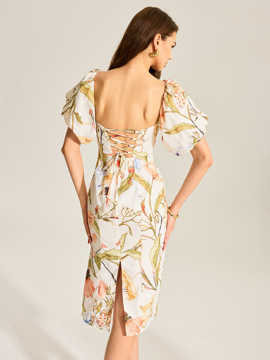 Floral Puff Sleeve Backless Dress
