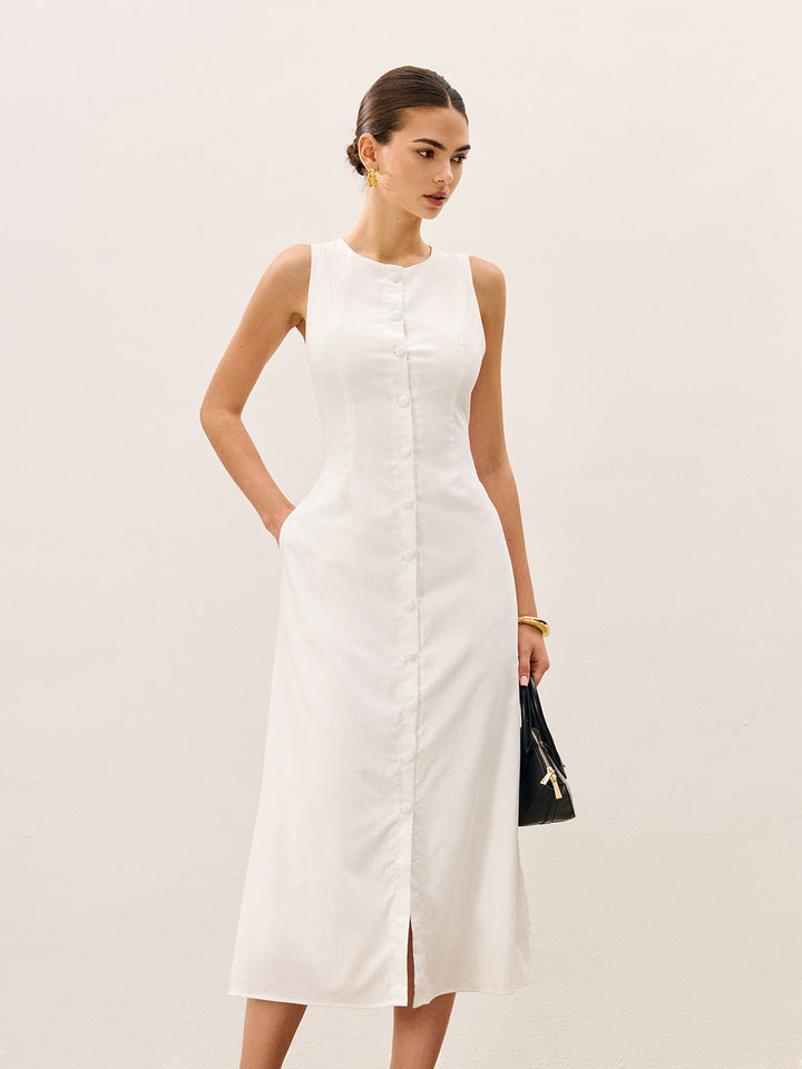 Cotton & Linen Button-Front Sleeveless Dress Without Belt