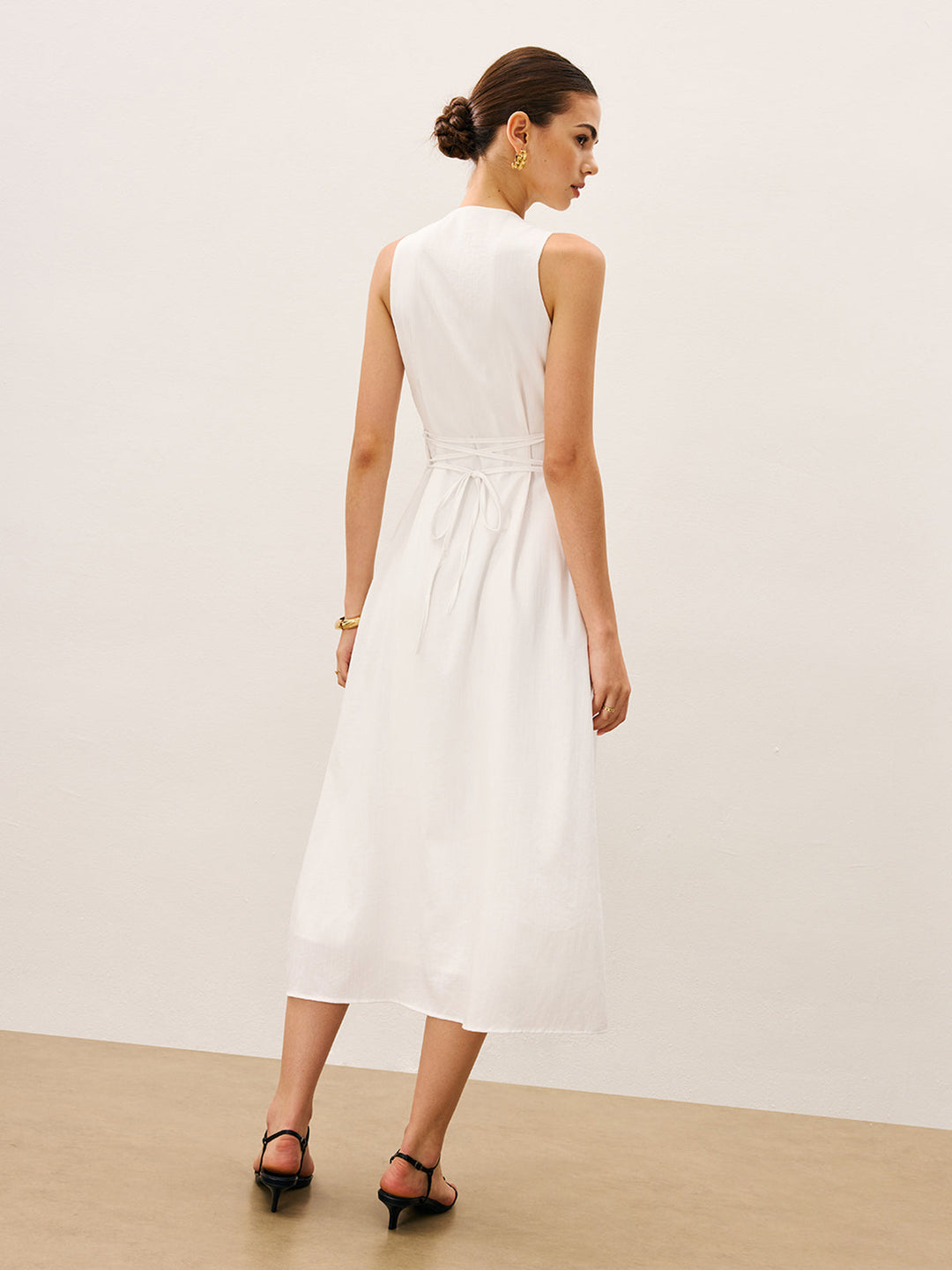 Cotton & Linen Button-Front Sleeveless Dress Without Belt