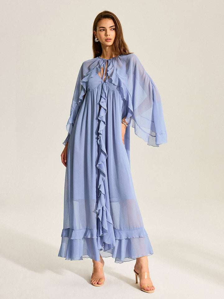 Semi-Sheer Cape Two-Piece Ruffled Chiffon Dress
