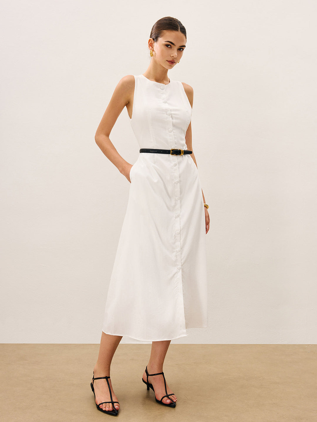 Cotton & Linen Button-Front Sleeveless Dress Without Belt