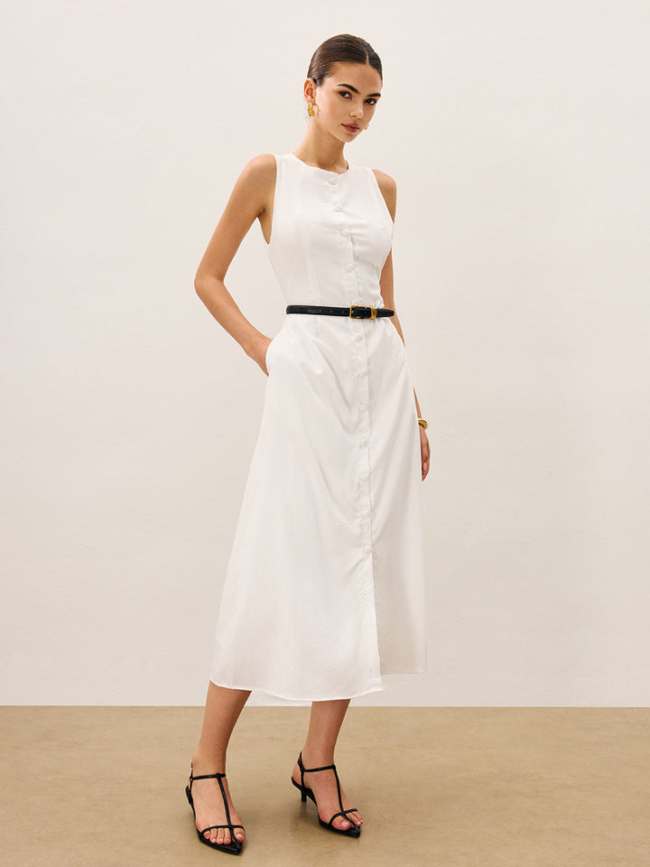 Cotton & Linen Button-Front Sleeveless Dress Without Belt