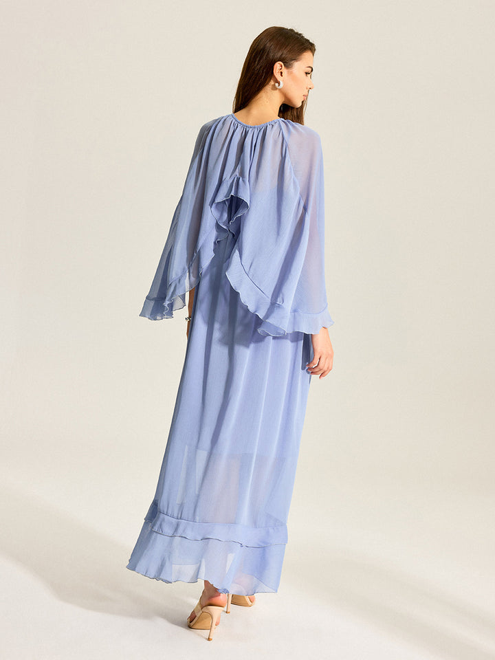 Semi-Sheer Cape Two-Piece Ruffled Chiffon Dress