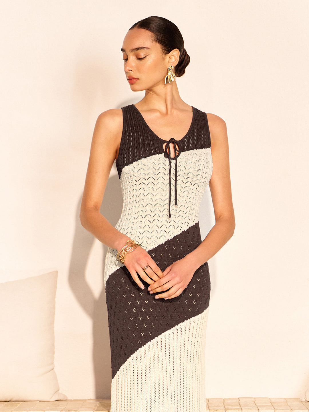 Two-Tone Crochet Front Tie Knit Dress