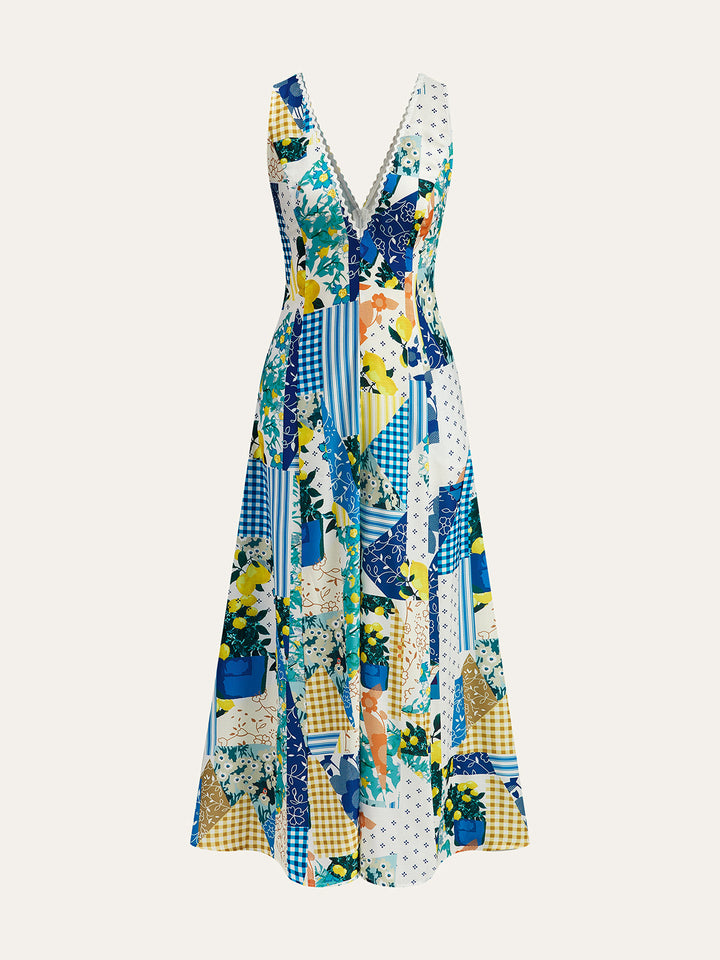 Lemonade Print Lace Trim Long Dress