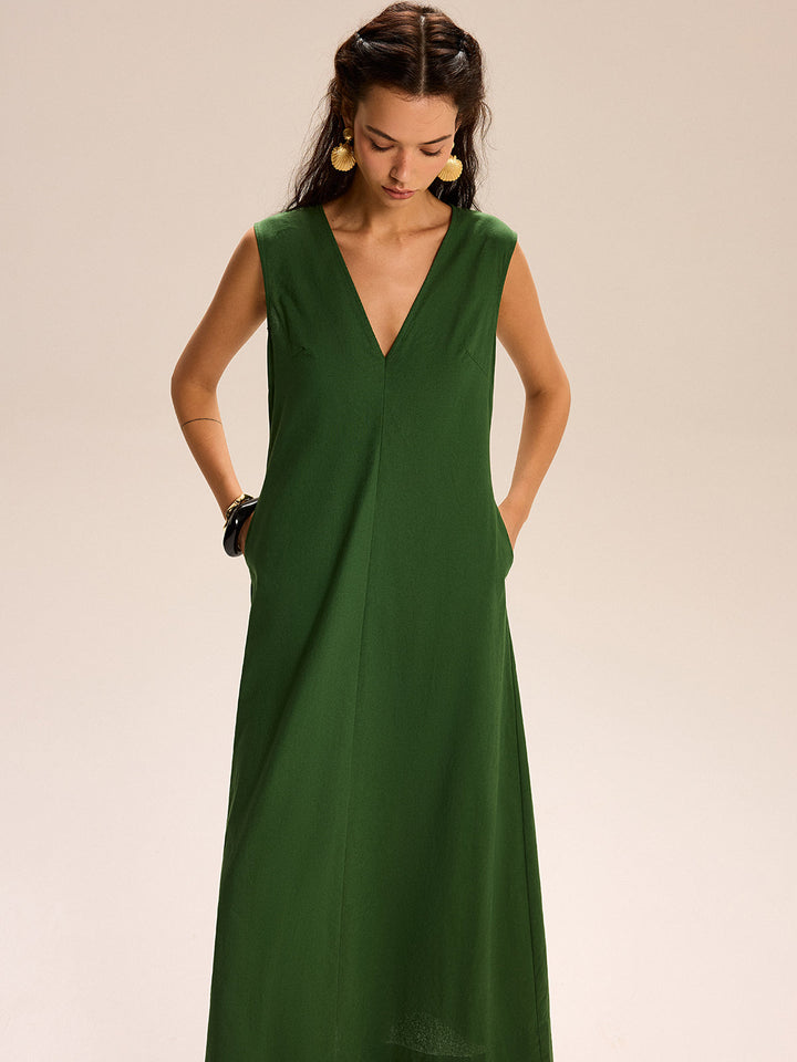 Linen & Cotton Pocketed V-Neck Maxi Dress