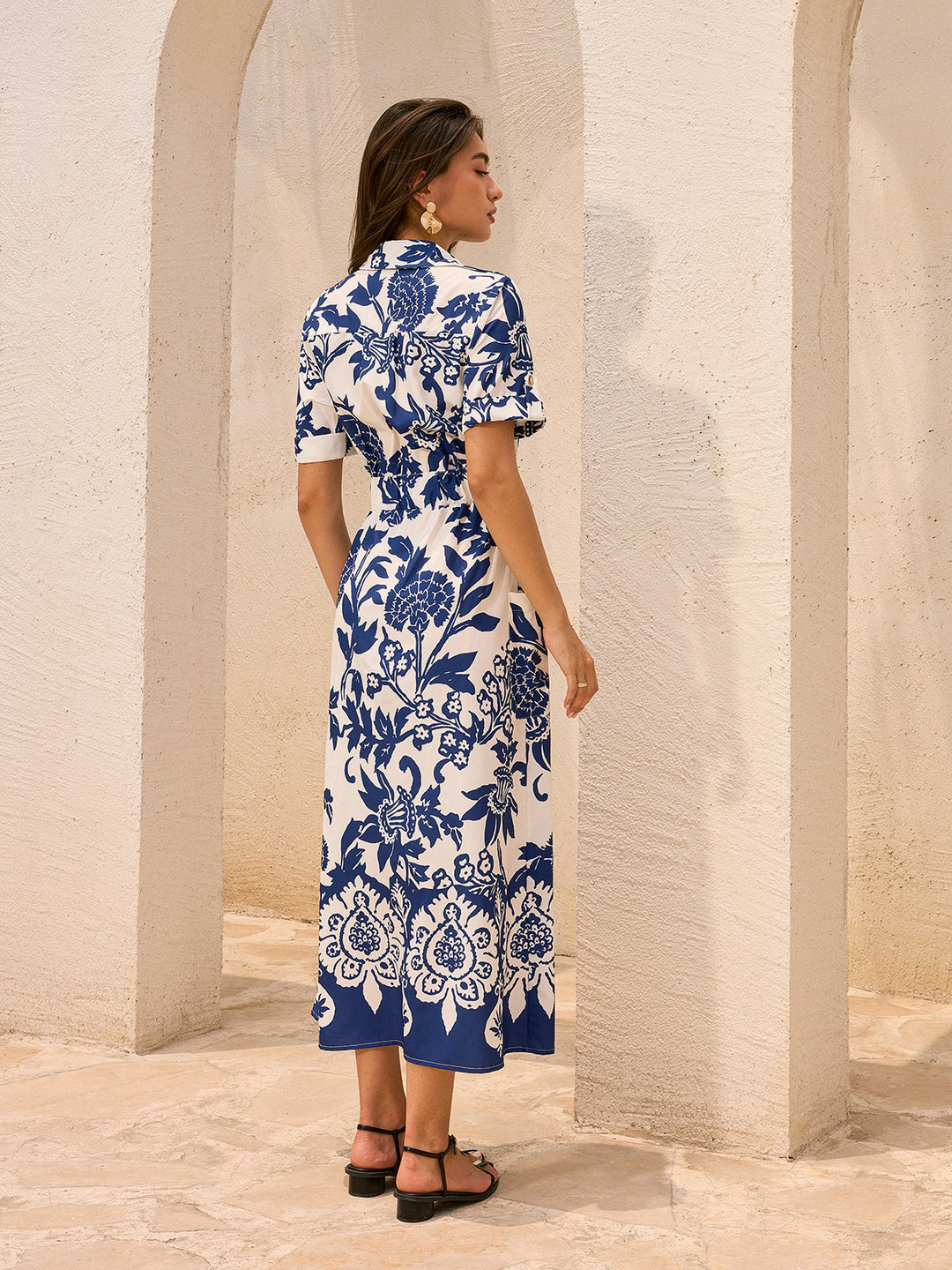 Pocketed Belted Floral Print Midi Dress
