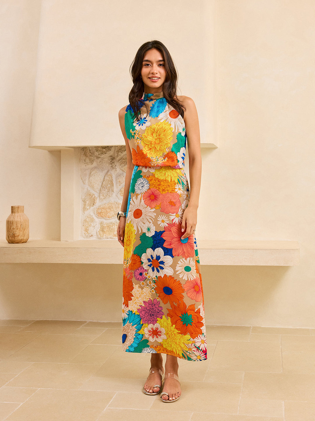 Floral Print Maxi Dress with Tie Back