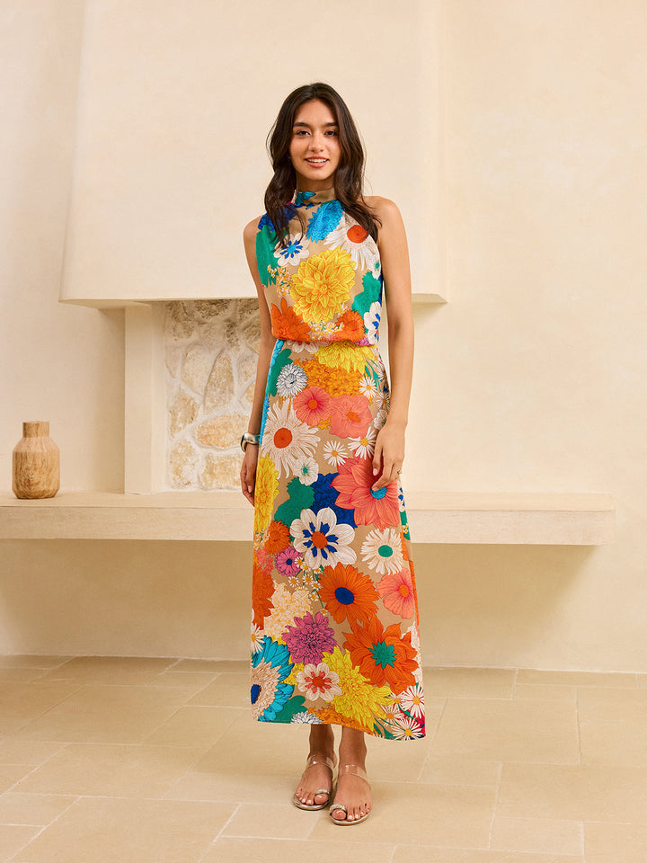 Floral Print Maxi Dress with Tie Back