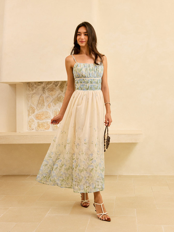 Semi-Sheer Floral Print Pleat Waist Tiered Maxi Dress