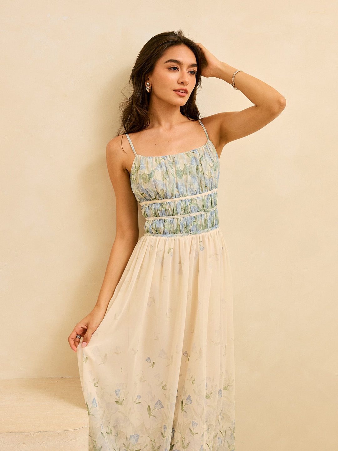 Semi-Sheer Floral Print Pleat Waist Tiered Maxi Dress