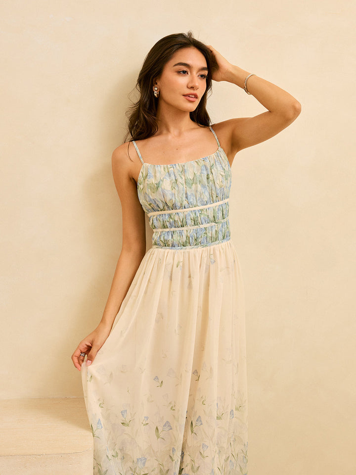 Semi-Sheer Floral Print Pleat Waist Tiered Maxi Dress