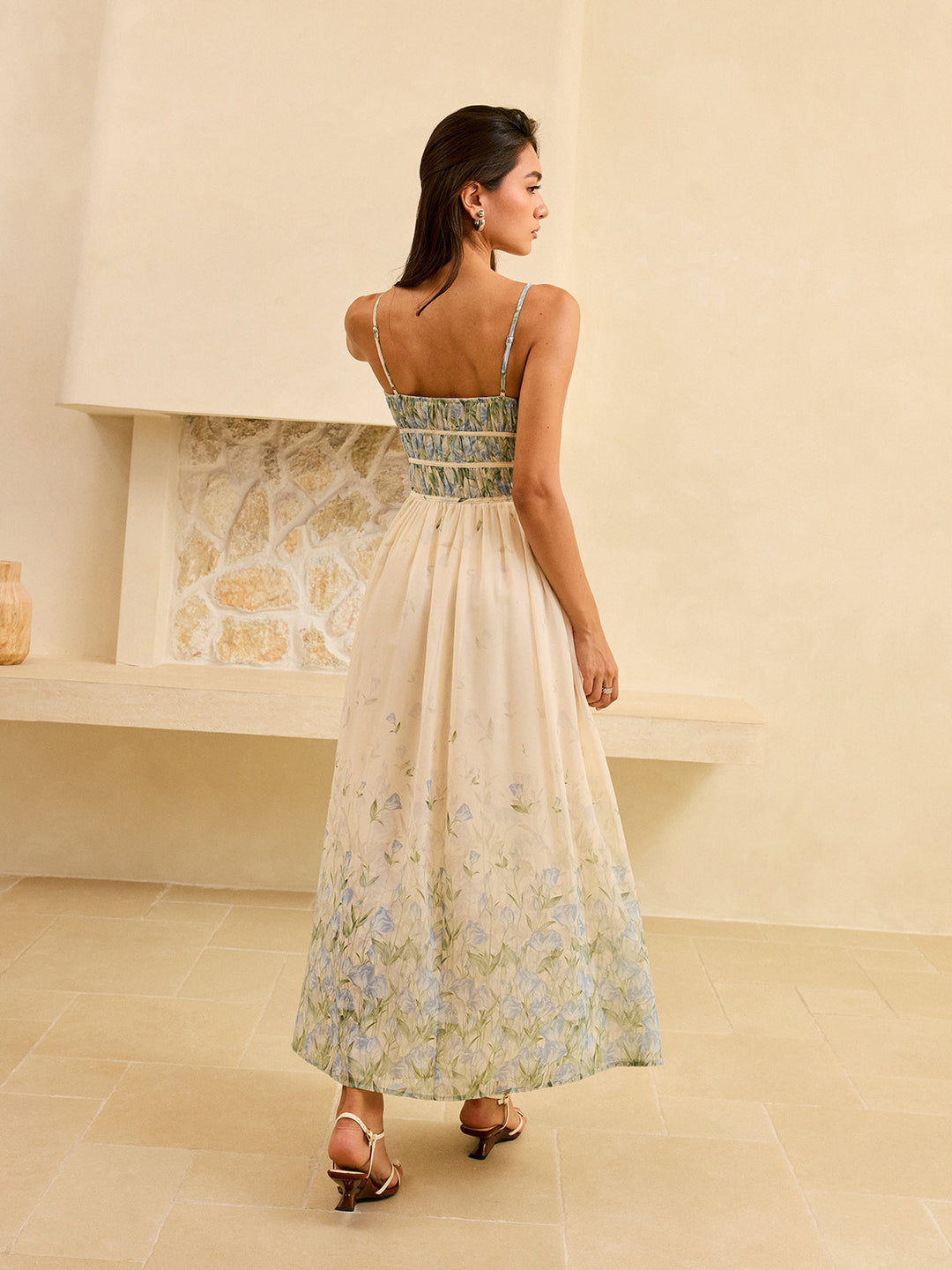 Semi-Sheer Floral Print Pleat Waist Tiered Maxi Dress