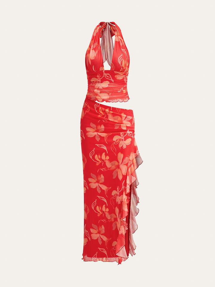 Semi-Sheer Ruffled Floral Halter Dress