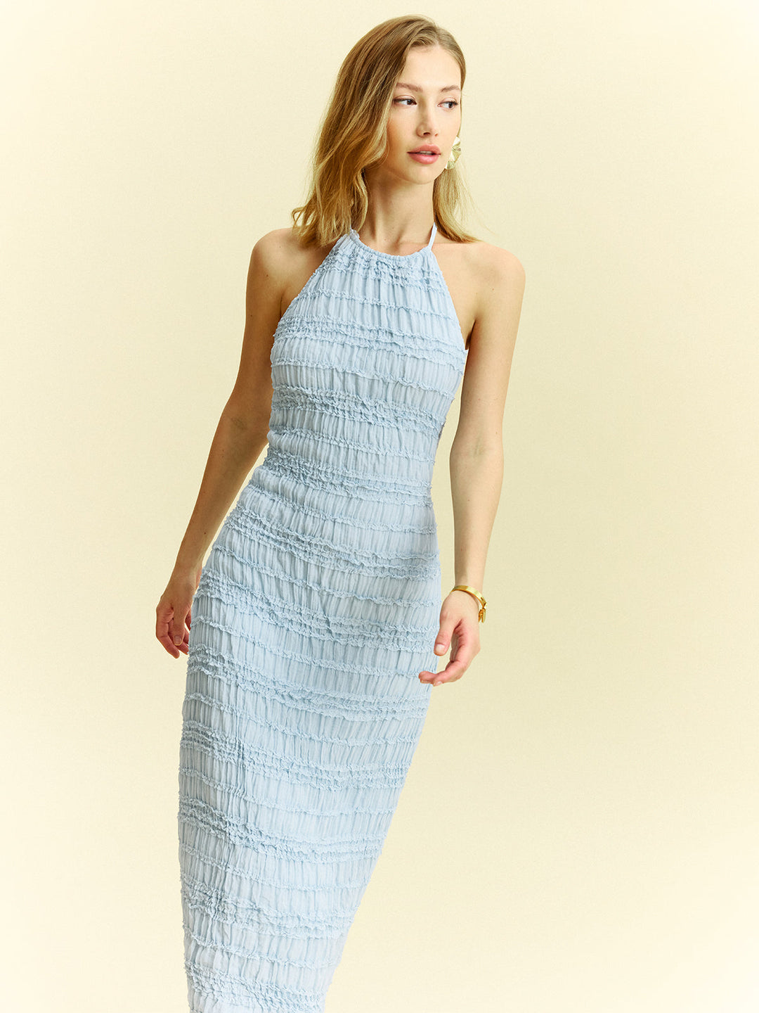 Textured Ruffled Chiffon Halter Neck Maxi Dress