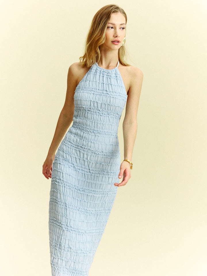 Textured Ruffled Chiffon Halter Neck Maxi Dress