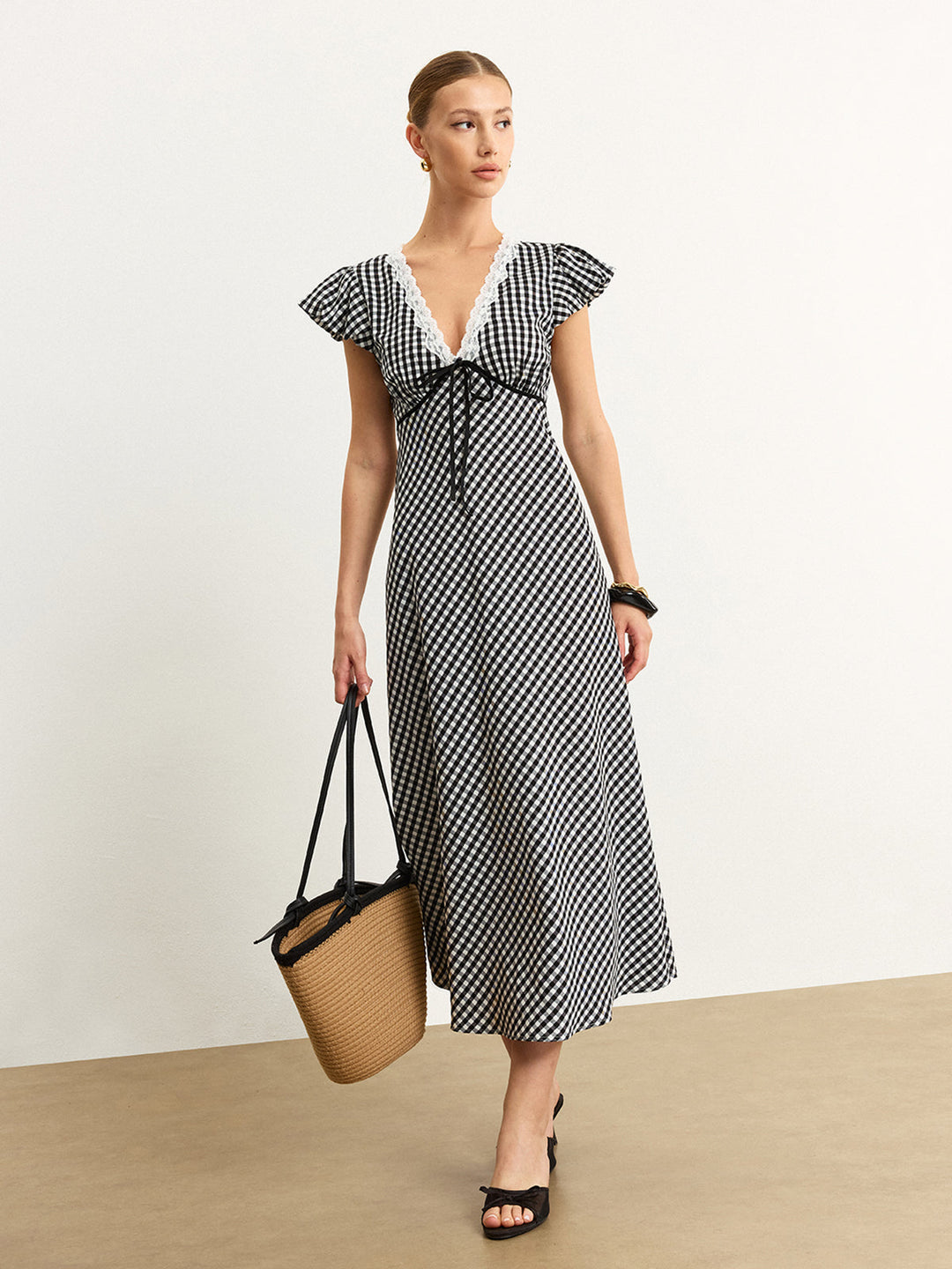 Gingham Lace-Trimmed Midi Dress