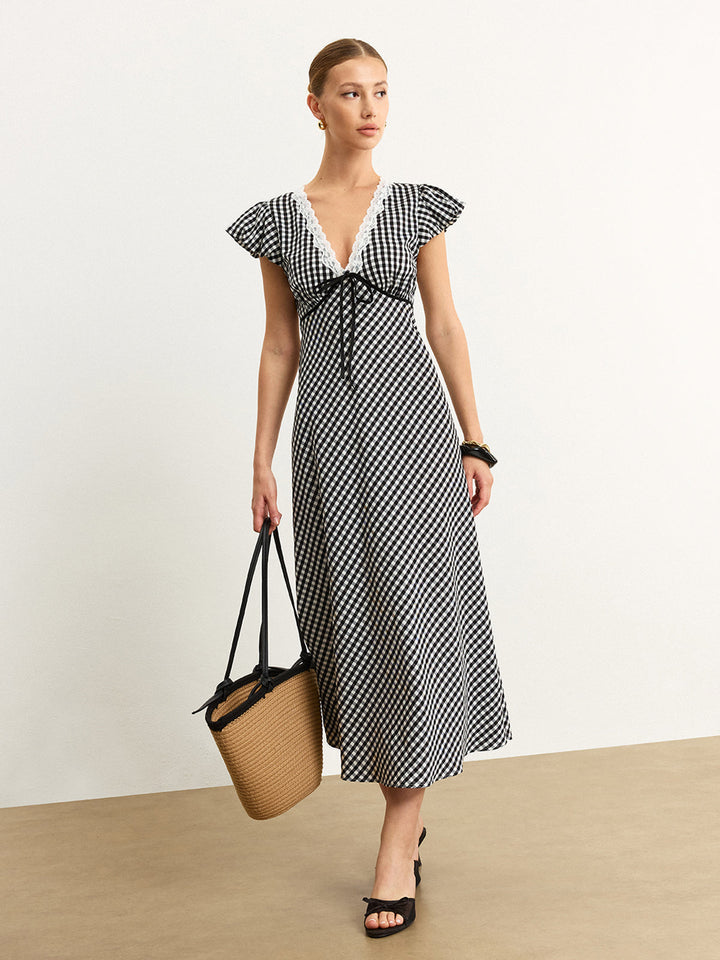 Gingham Lace-Trimmed Midi Dress
