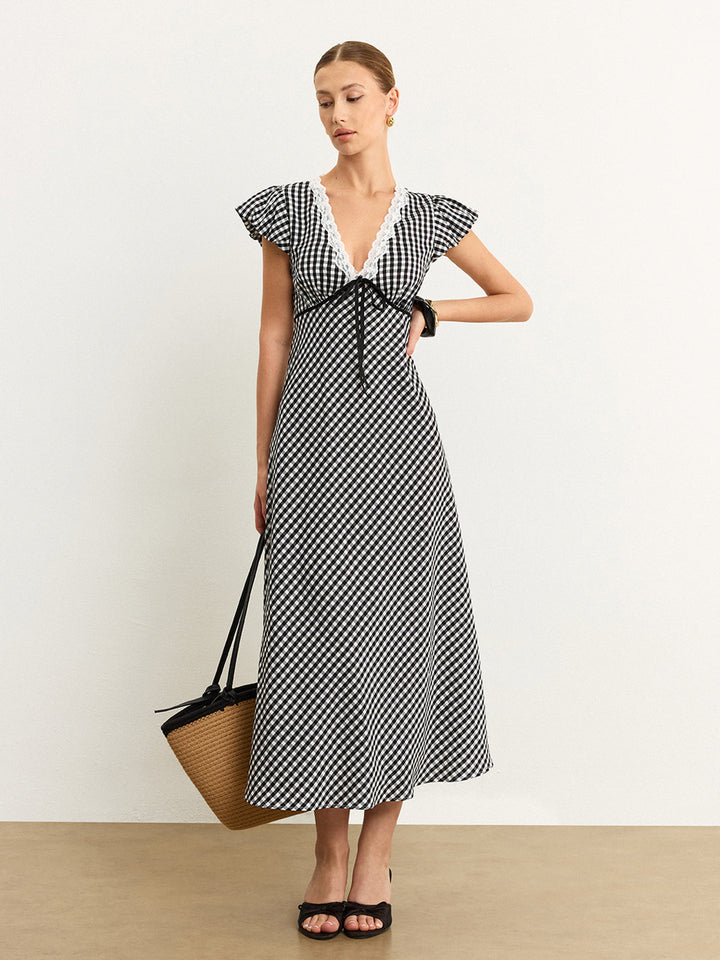 Gingham Lace-Trimmed Midi Dress