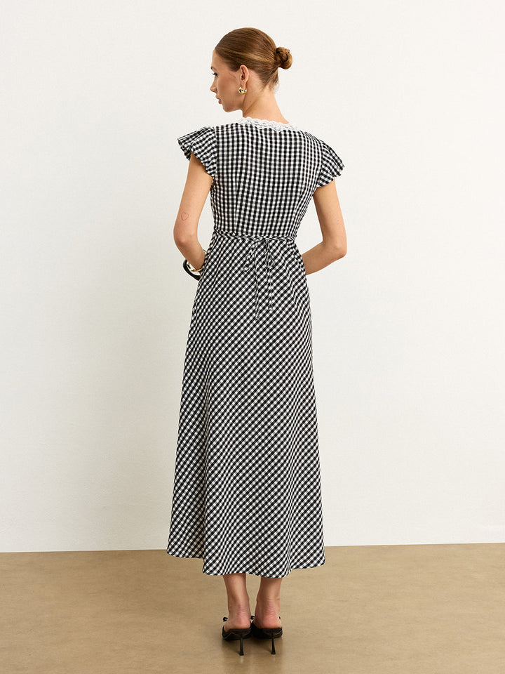 Gingham Lace-Trimmed Midi Dress
