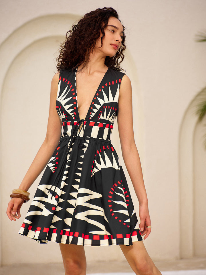 Geometric Graphic V-Neck Tie-Waist Zipper Sleeveless Dress
