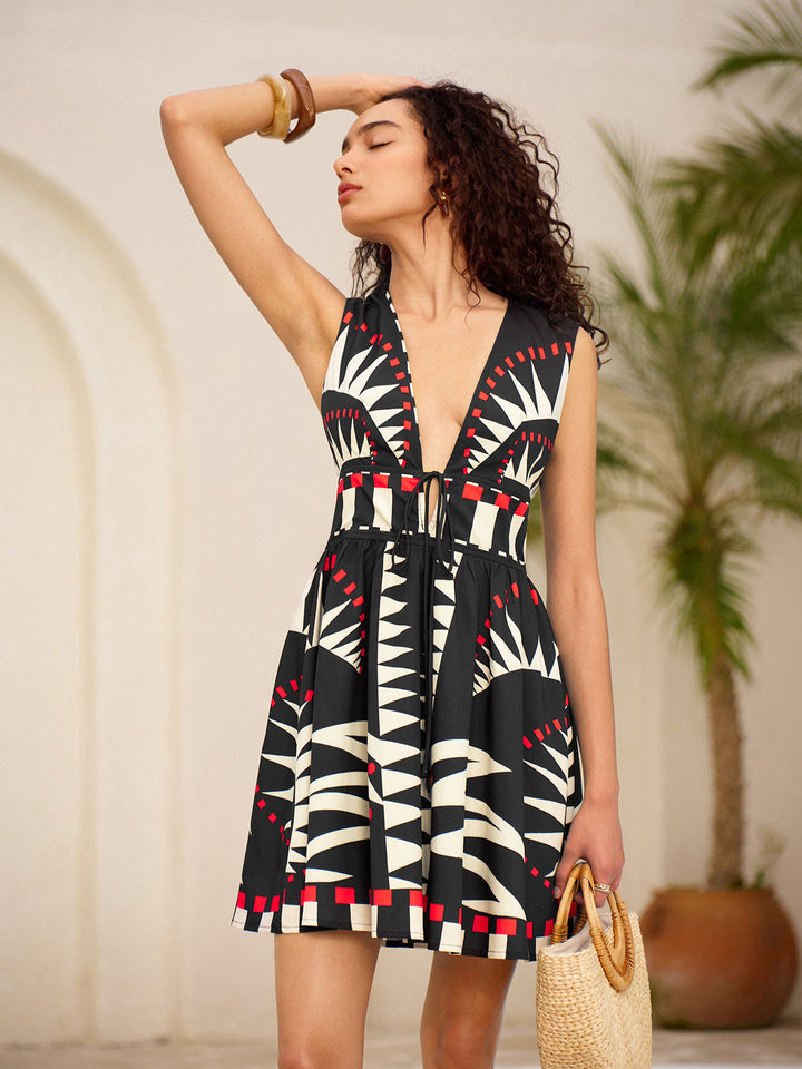 Geometric Graphic V-Neck Tie-Waist Zipper Sleeveless Dress