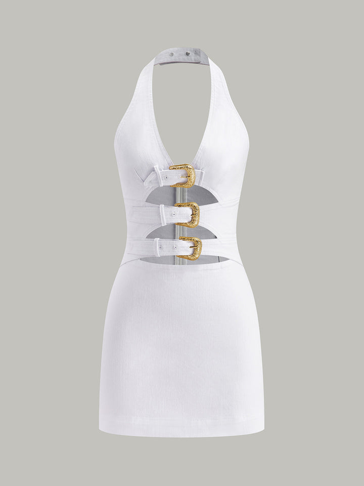 Halter Neck Buckle Detail Denim Dress