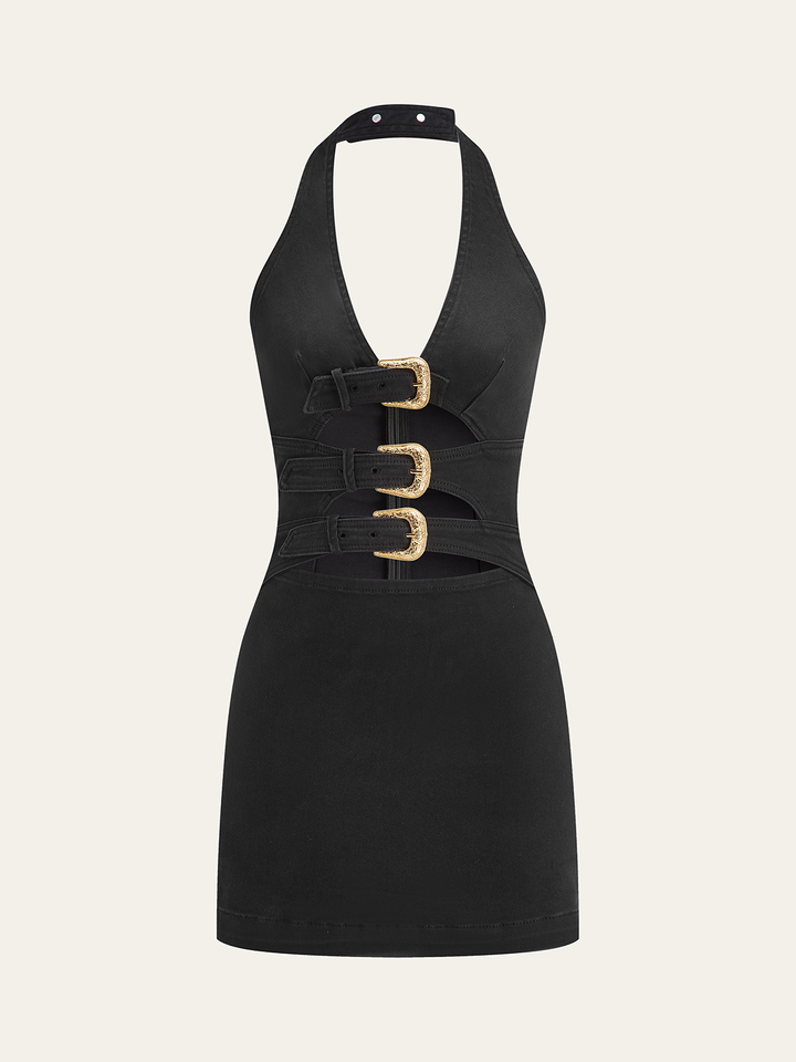 Halter Neck Buckle Detail Denim Dress