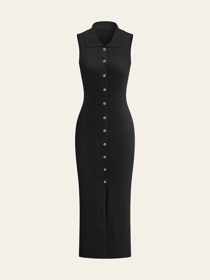 Ribbed Knit Button-Down Midi Dress