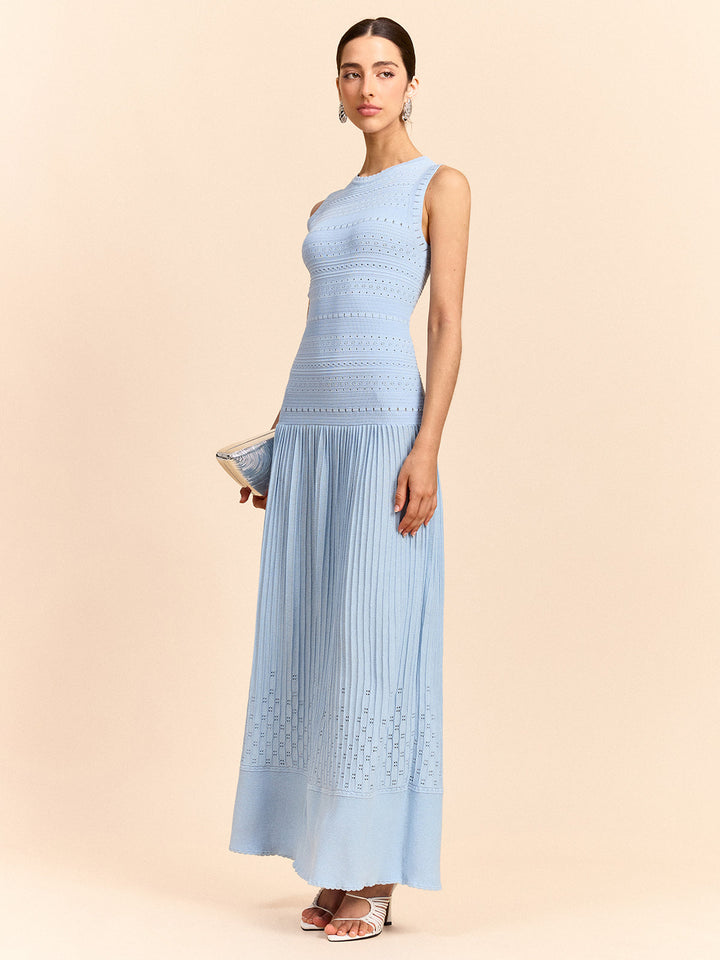 Sleeveless Knit Eyelet Pleated Maxi Dress