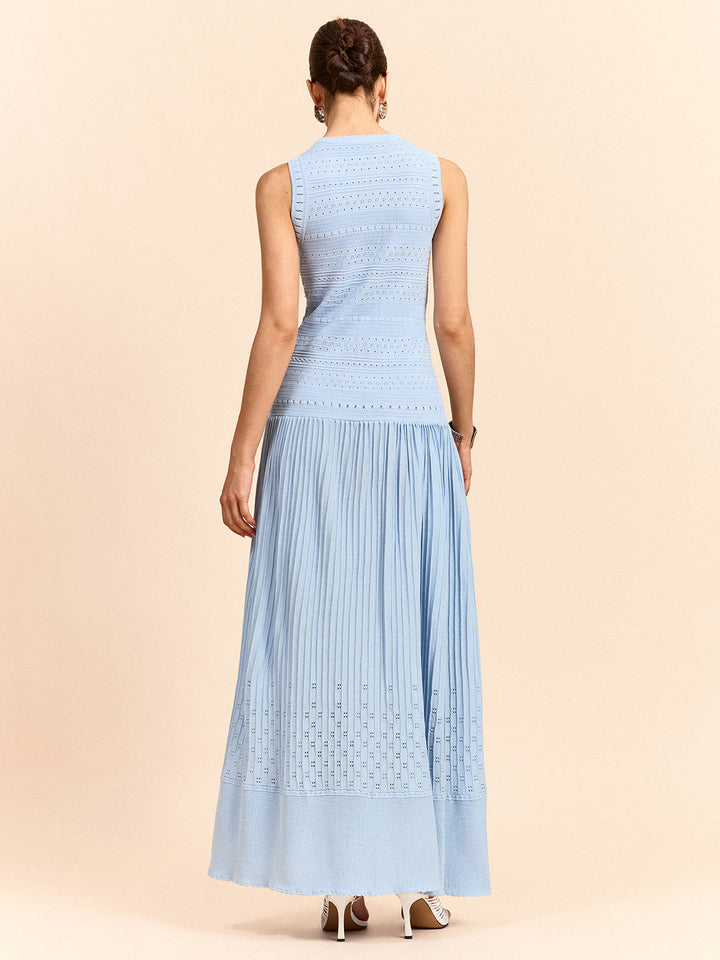 Sleeveless Knit Eyelet Pleated Maxi Dress
