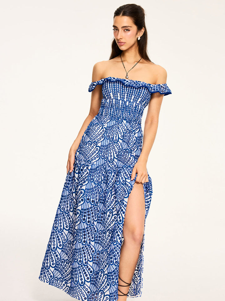 Semi-Sheer Embroidered Maxi Dress with Ruffled Trim