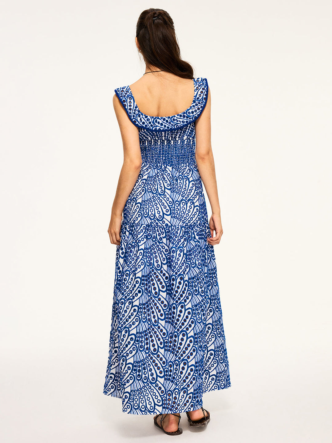 Semi-Sheer Embroidered Maxi Dress with Ruffled Trim