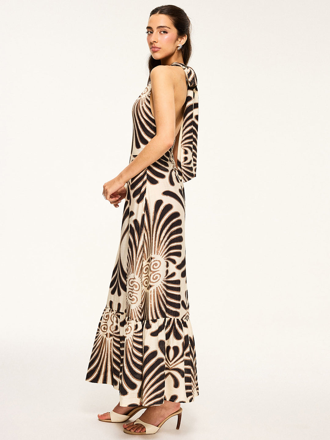 Printed Halter Backless Maxi Dress