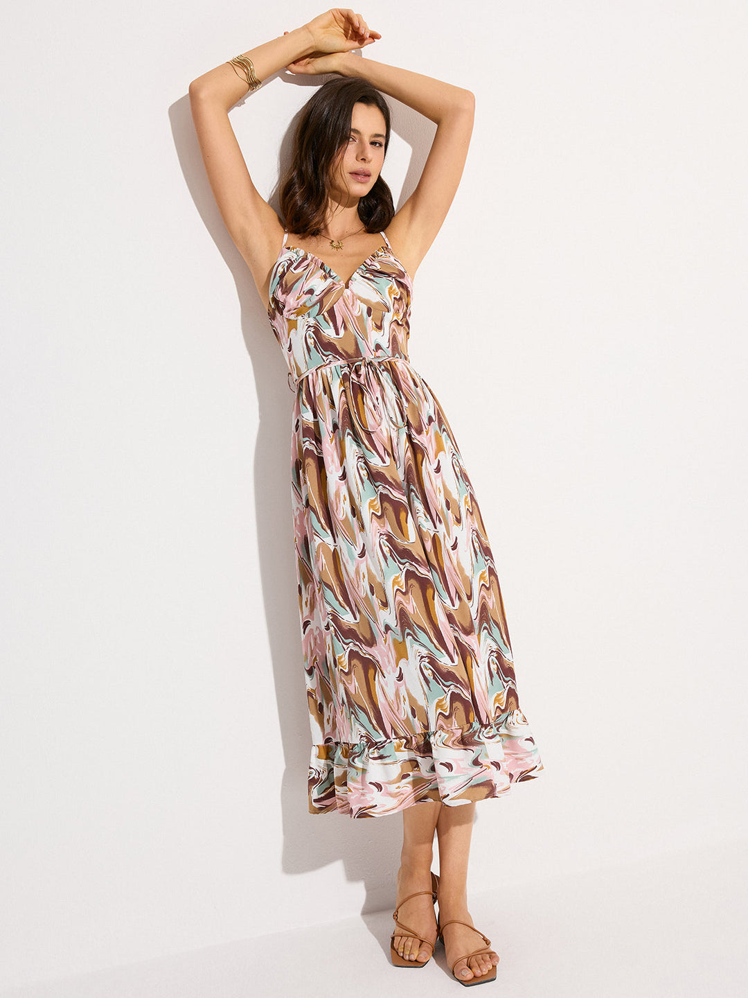 Print Backless Tie-Waist Midi Dress