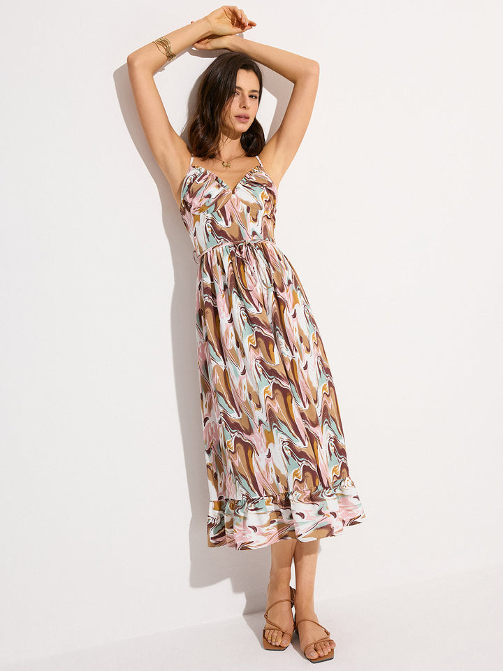 Print Backless Tie-Waist Midi Dress