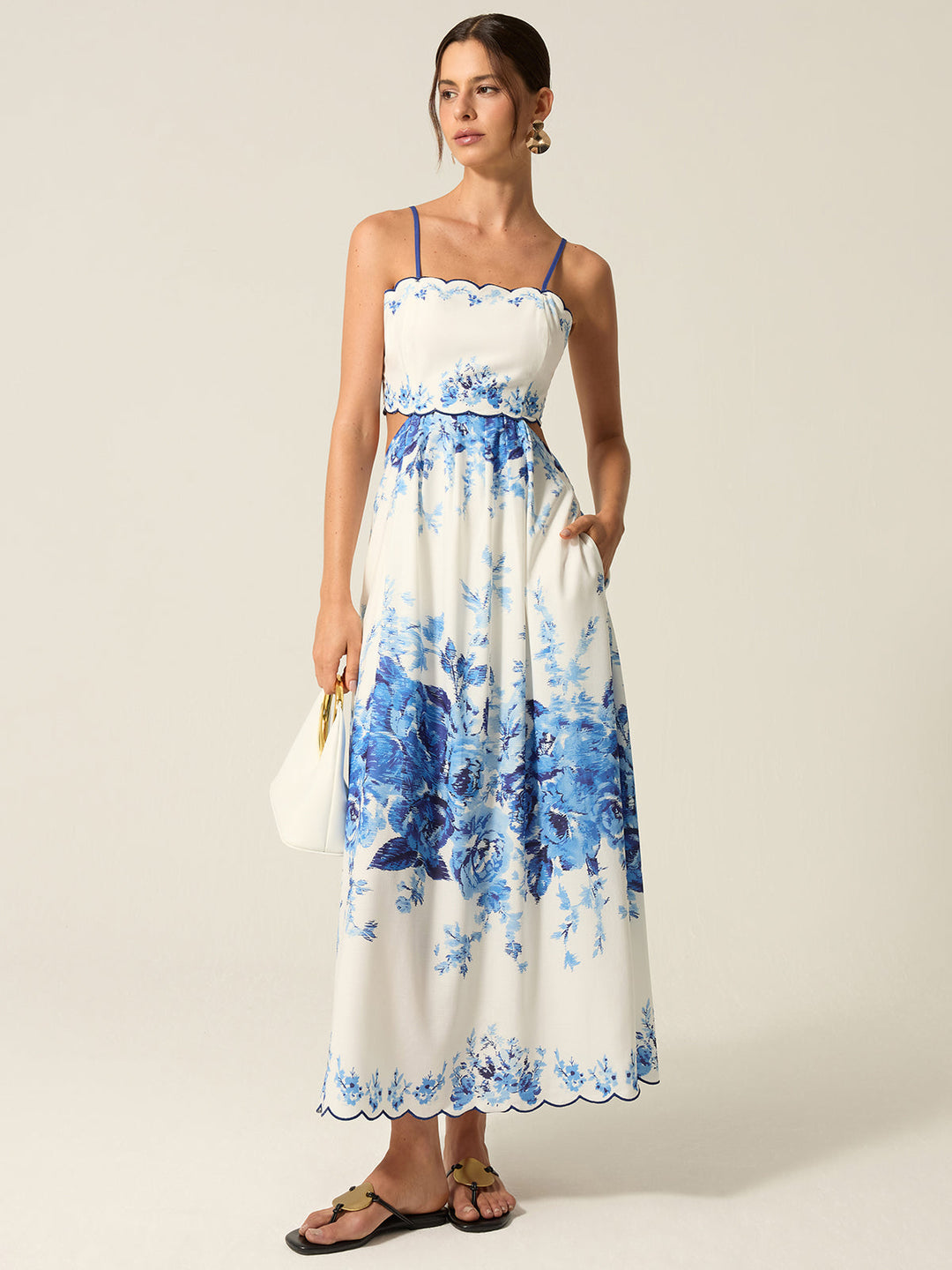 Pocketed Floral Print Cut-Out Maxi Dress